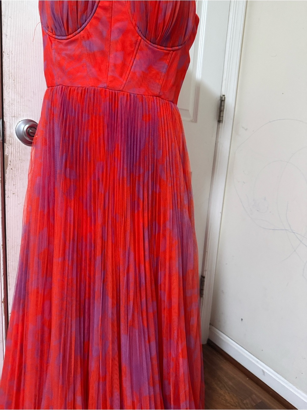 Hutch Red and Purple Pleated Maxi Dress with Fitted Bodice